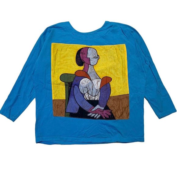 Pablo Picasso Vintage Woman In Chair 80s Long Sleeve Blue Art Tee Shirt Men's L